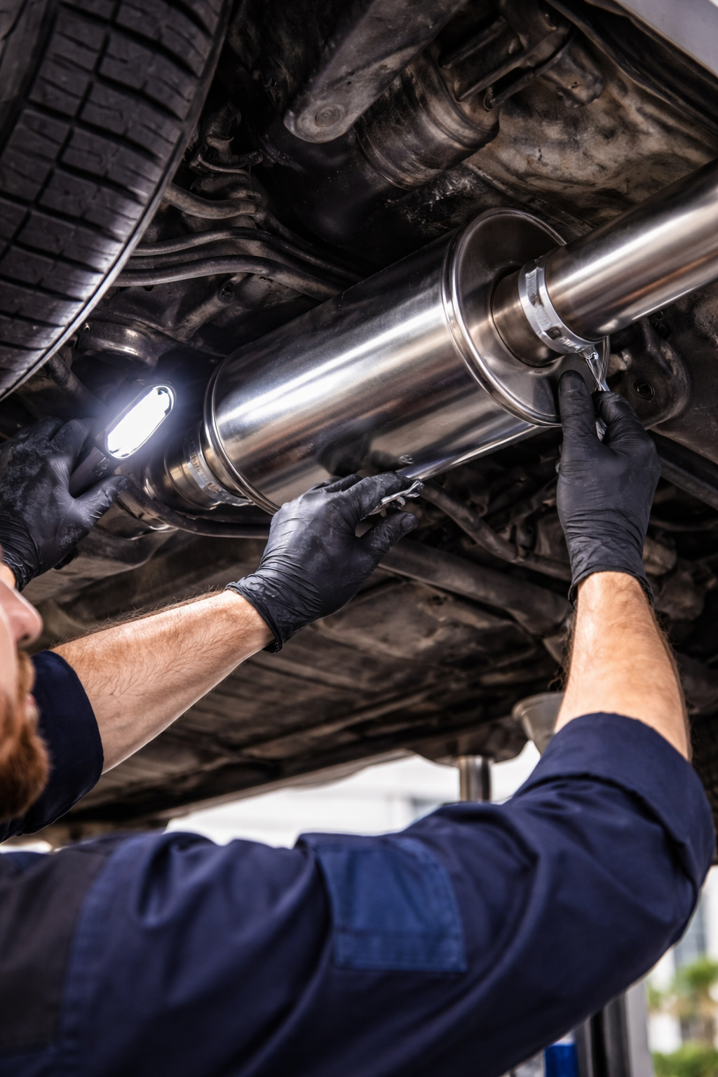 Mechanic inspecting an exhaust system under a car