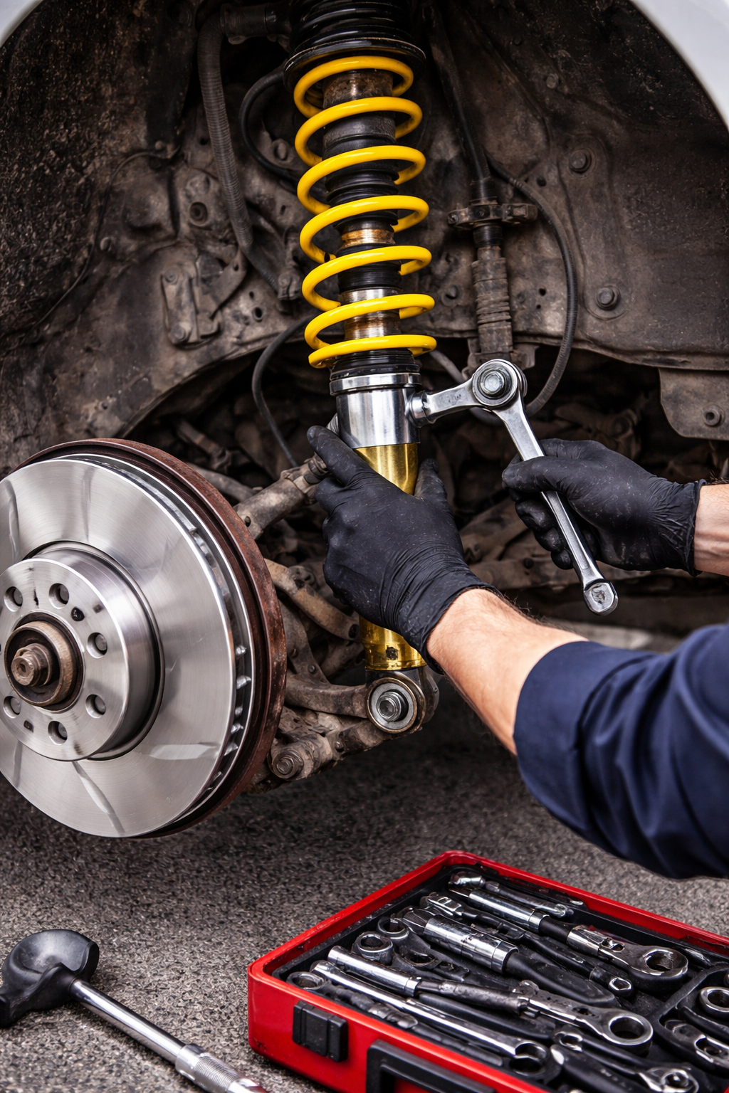 Mechanic working on car suspension components