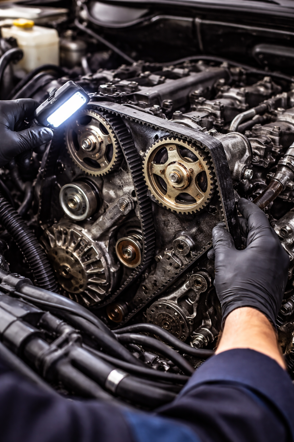 Close-up of a car timing belt in the engine bay