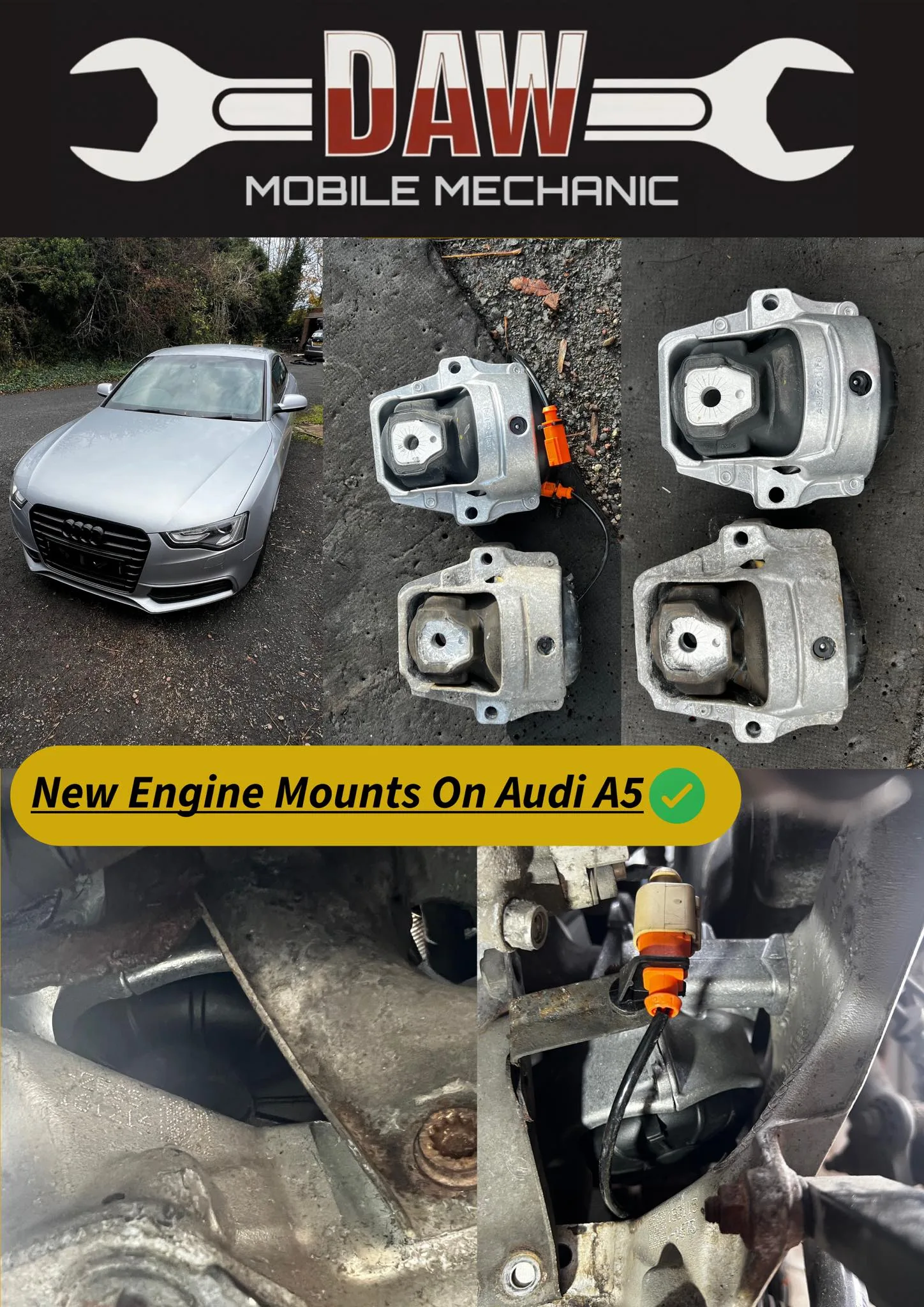 We fitted new engine mounts on customers Audi A5 New mounts = Less vibrations felt inside the car