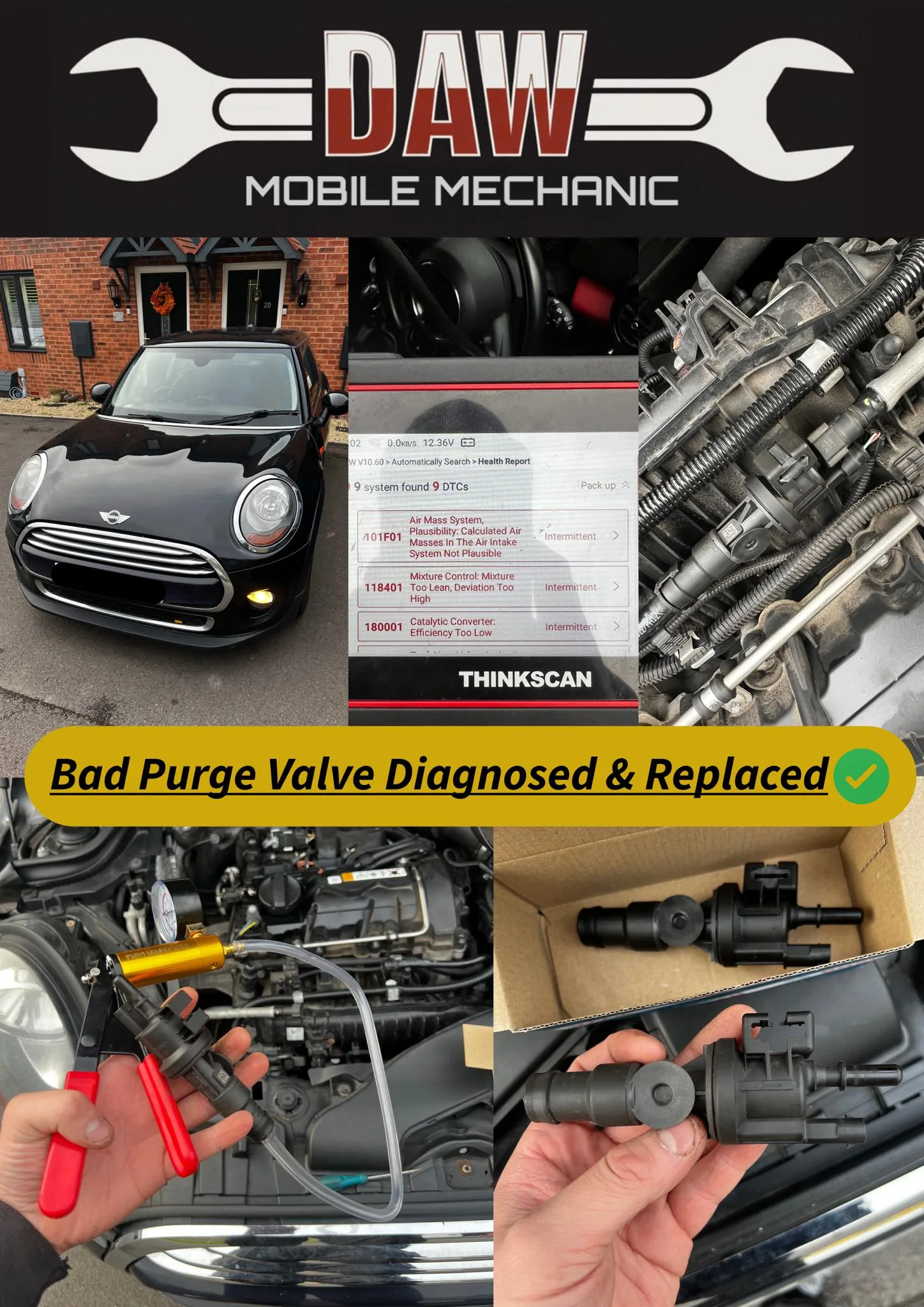 We have diagnosed and replaced faulty purge valve on customers Mini Cooper The car was having couple of symptoms which were rough idle and jumping rpms along side with EML light. We have quickly diagnosed the valve was stuck open.