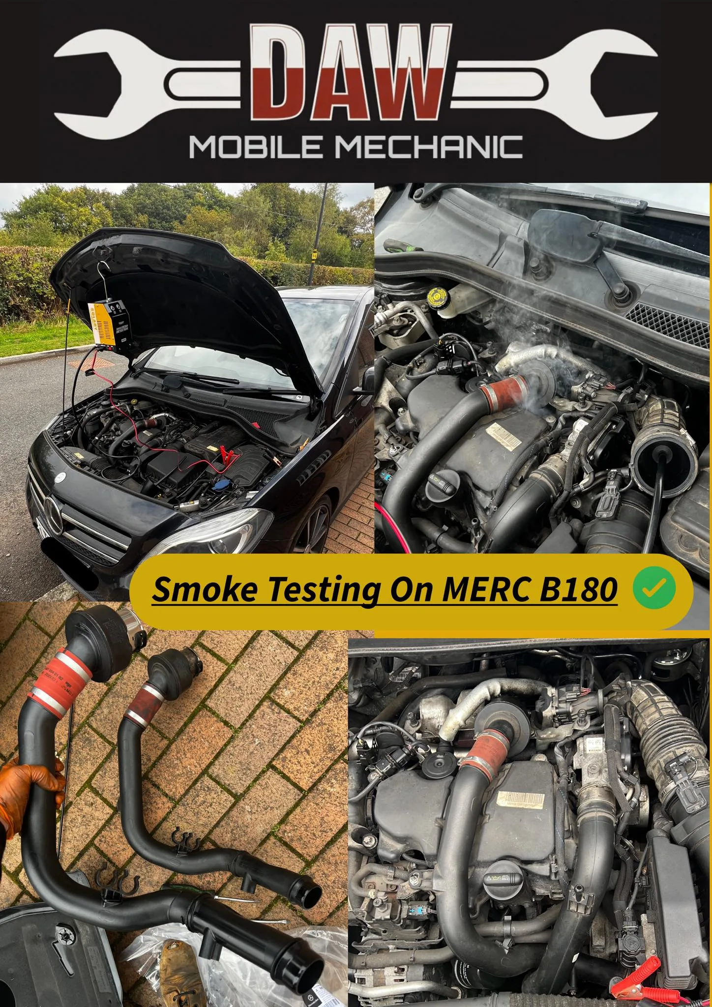 We have smoke tested a customers Mercedes B180 when chasing turbo fault codes to discover one boost pipe was leaking where it connects to turbo